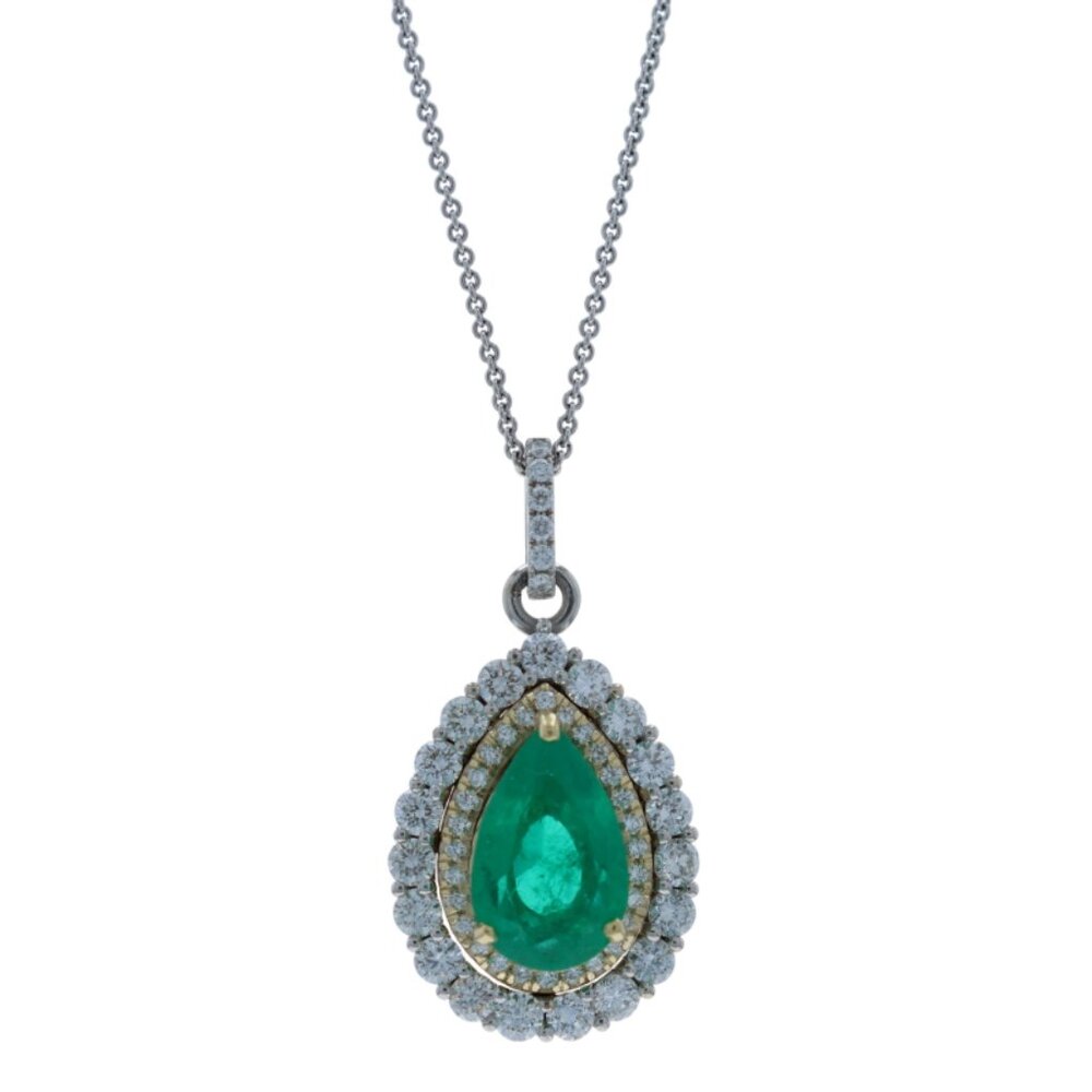 White Gold Emerald & Diamond Double Halo Pendant Necklace 16" 18k 2.75ctw GIA